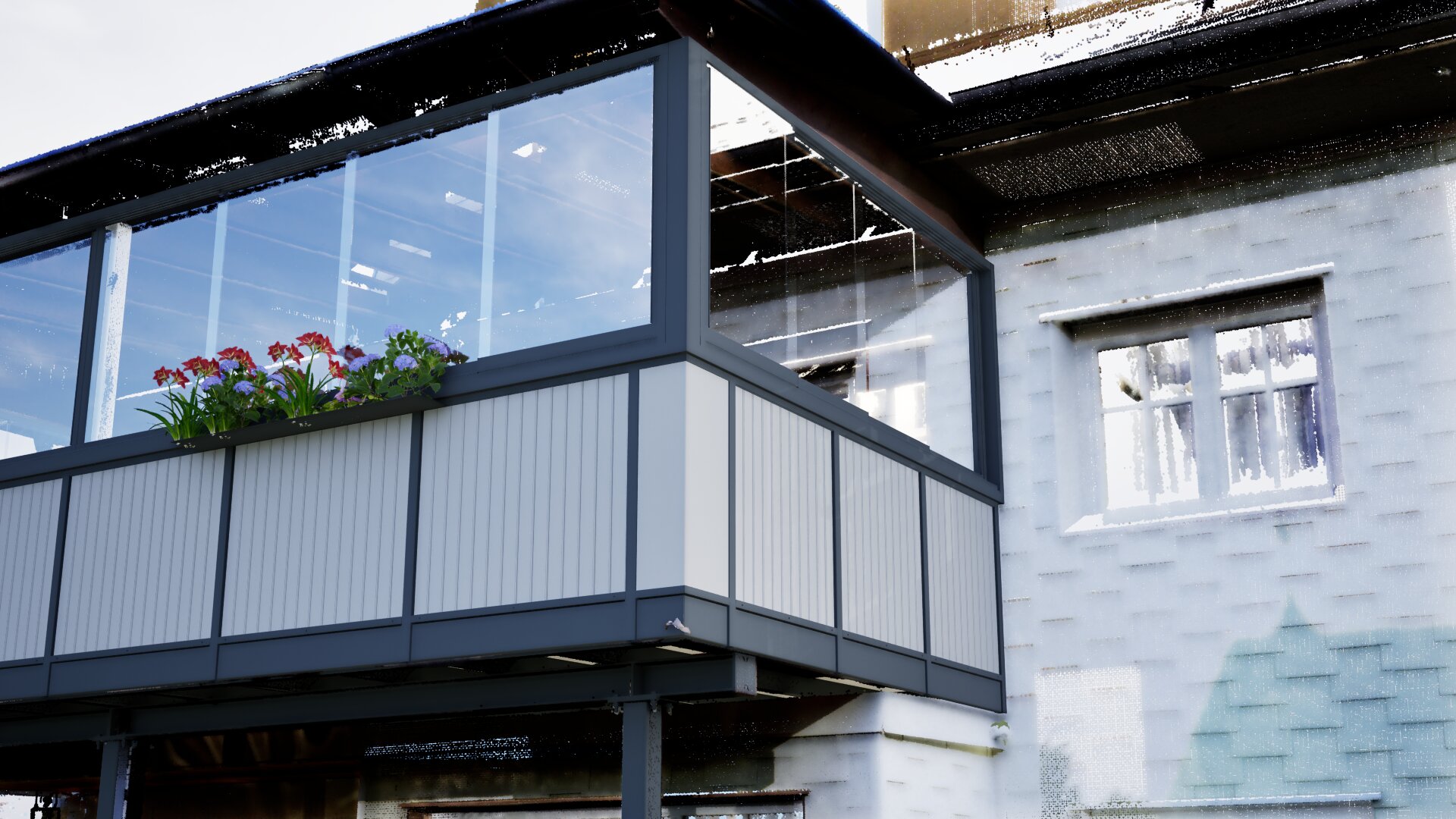 3D Rendering Sommergarten mit Glasschiebet&uuml;ren